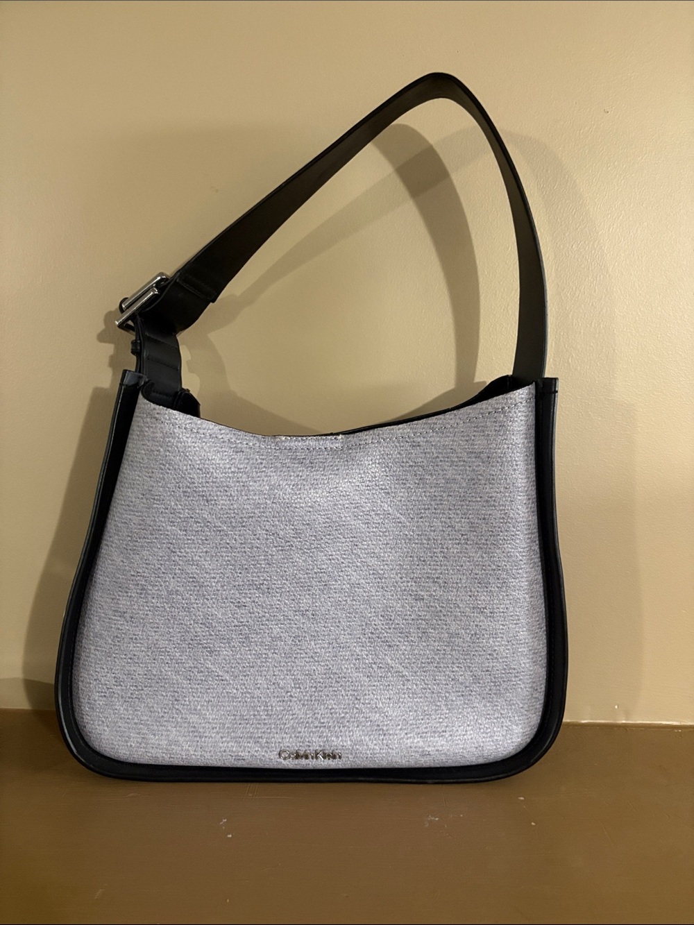 Calvin Klein Light Gray Canvas Shoulder Bag with Black Trim